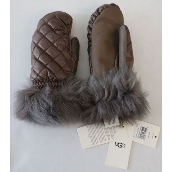 UGG 17413 Women Sz S/M Gray Genuine Leather Palm Quilted All Weather Mittens - Picture 3 of 5